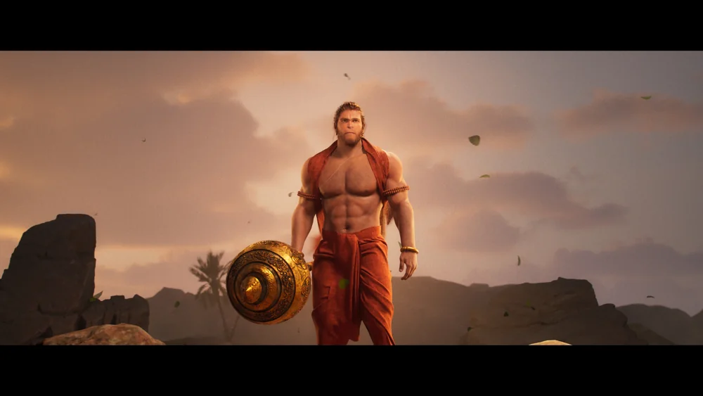 Hanuman with his mace in a rocky landscape